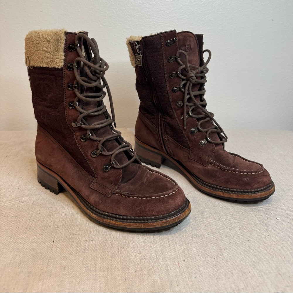 Chanel Winter Fleece and Suede Lace-up Boots - Picture 1 of 9